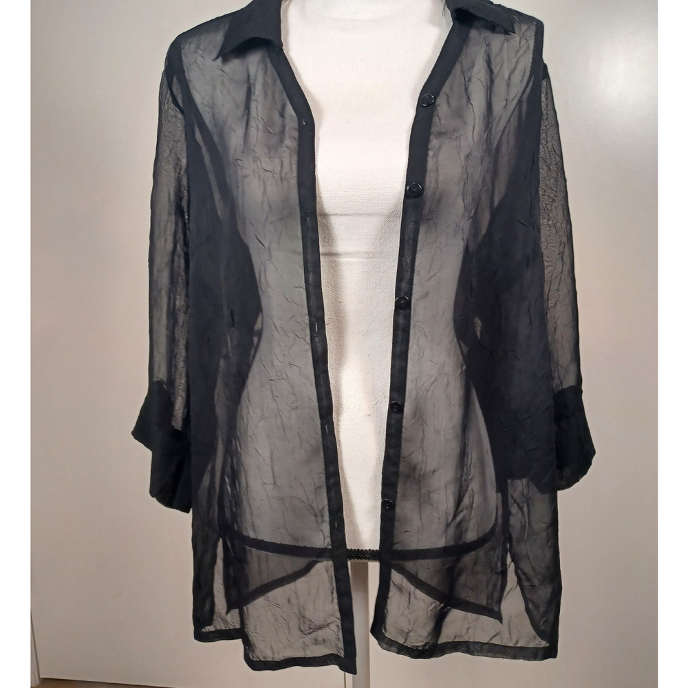 Kathie Lee Black Sheer Button Up Shirt 14W/16W Whimsigoth Gothic Romantic - Picture 2 of 7